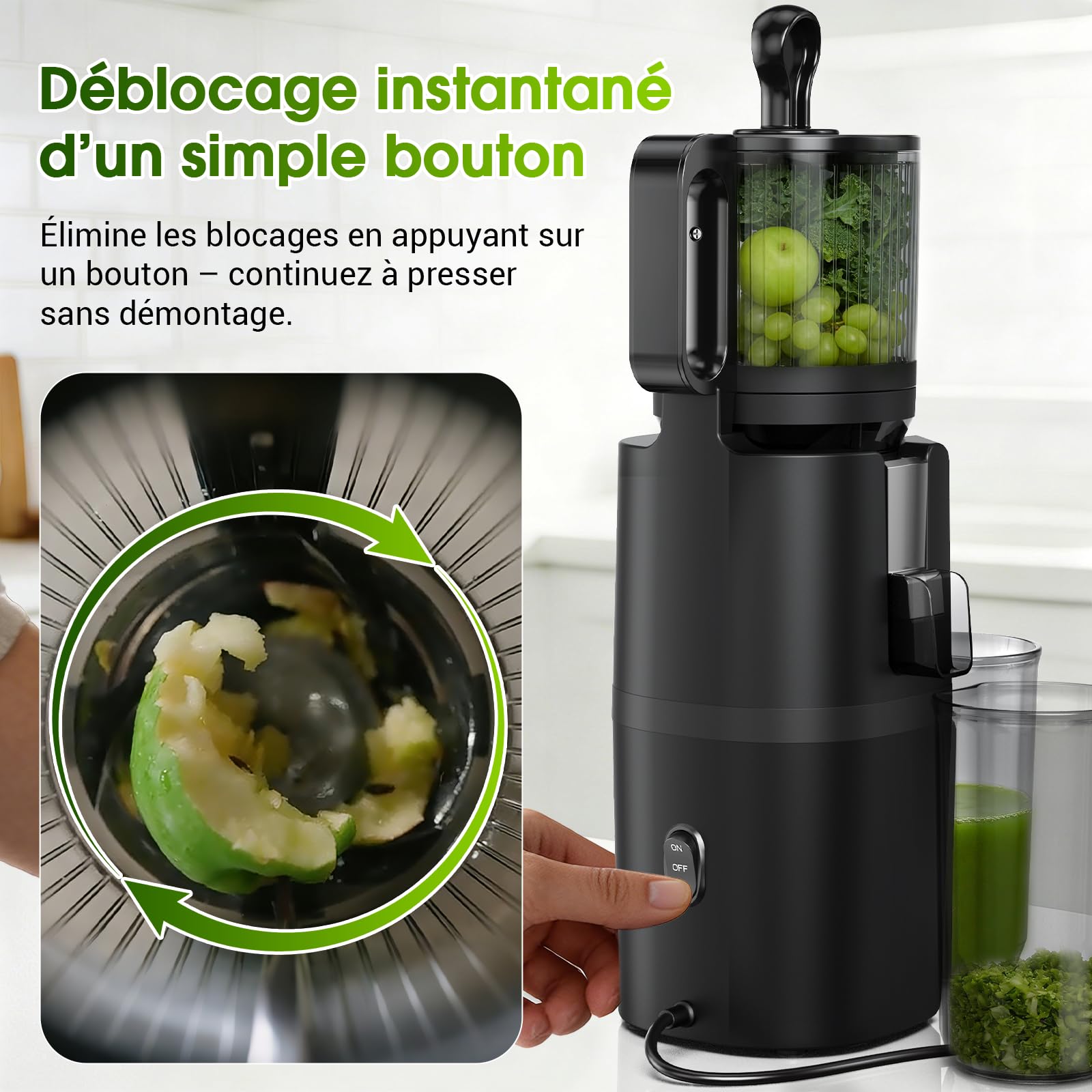 Extracteur de Jus de Fruits et Légumes Entiers, Extracteur Lent Goulotte XXL 120mm, sans BPA, 99% Rendement