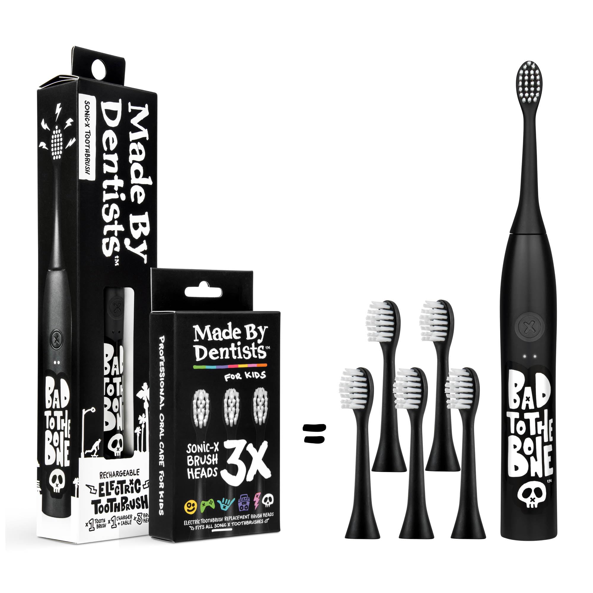 Made by Dentists Sonic X Cepillo de dientes eléctrico – Cepillo de dientes Sonic recargable para niños, 8 veces eliminación de placa, 2 modos de velocidad, temporizador de 2 minutos, 6 cabezales de