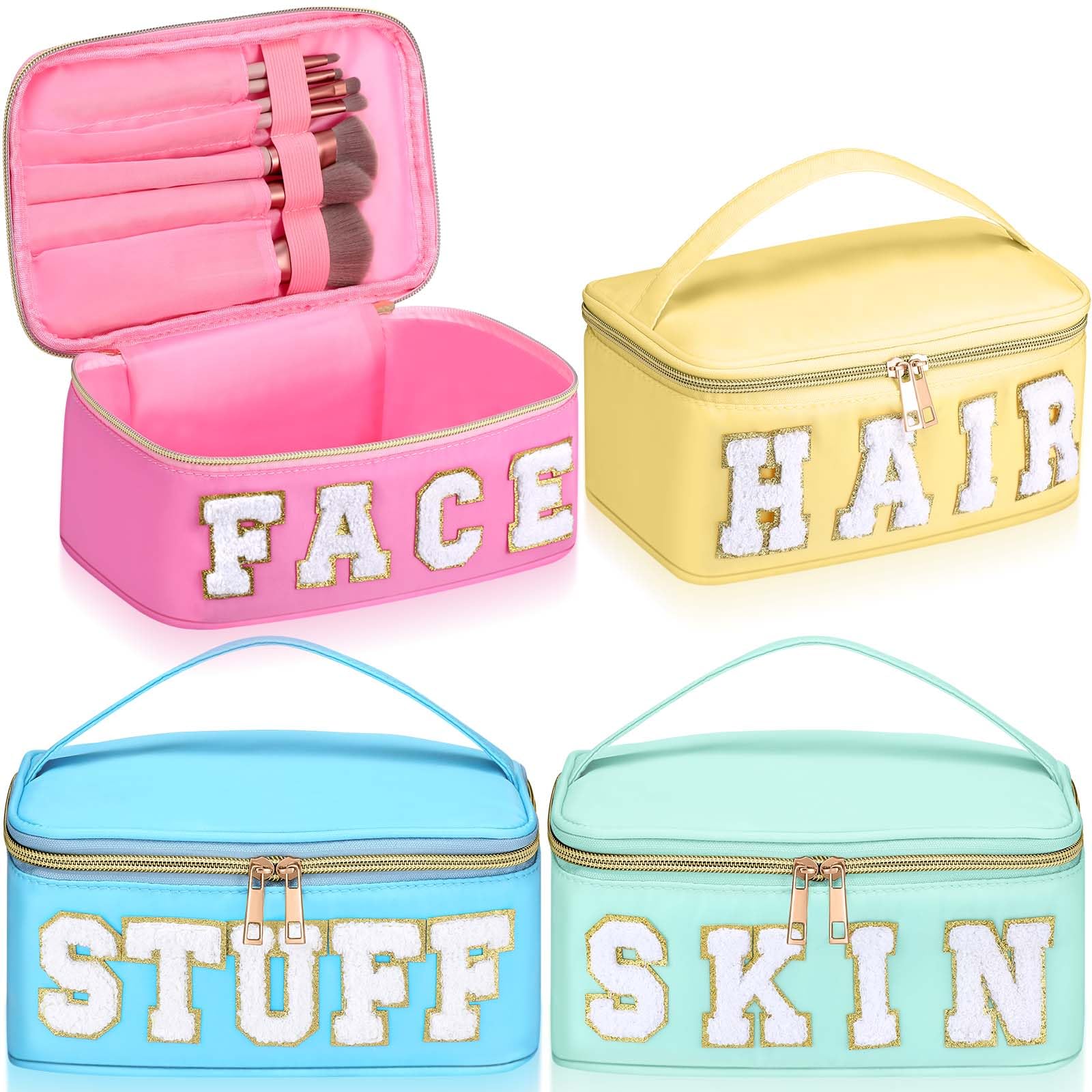 Sanwuta4 Pcs Chenille Letter Makeup Bag Preppy Patch Cosmetic Bag Nylon Makeup Pouch Portable Travel Large Stuff Bag Toiletry Storage Bag with Zipper and Handle (Pink, Blue, Green, Yellow)