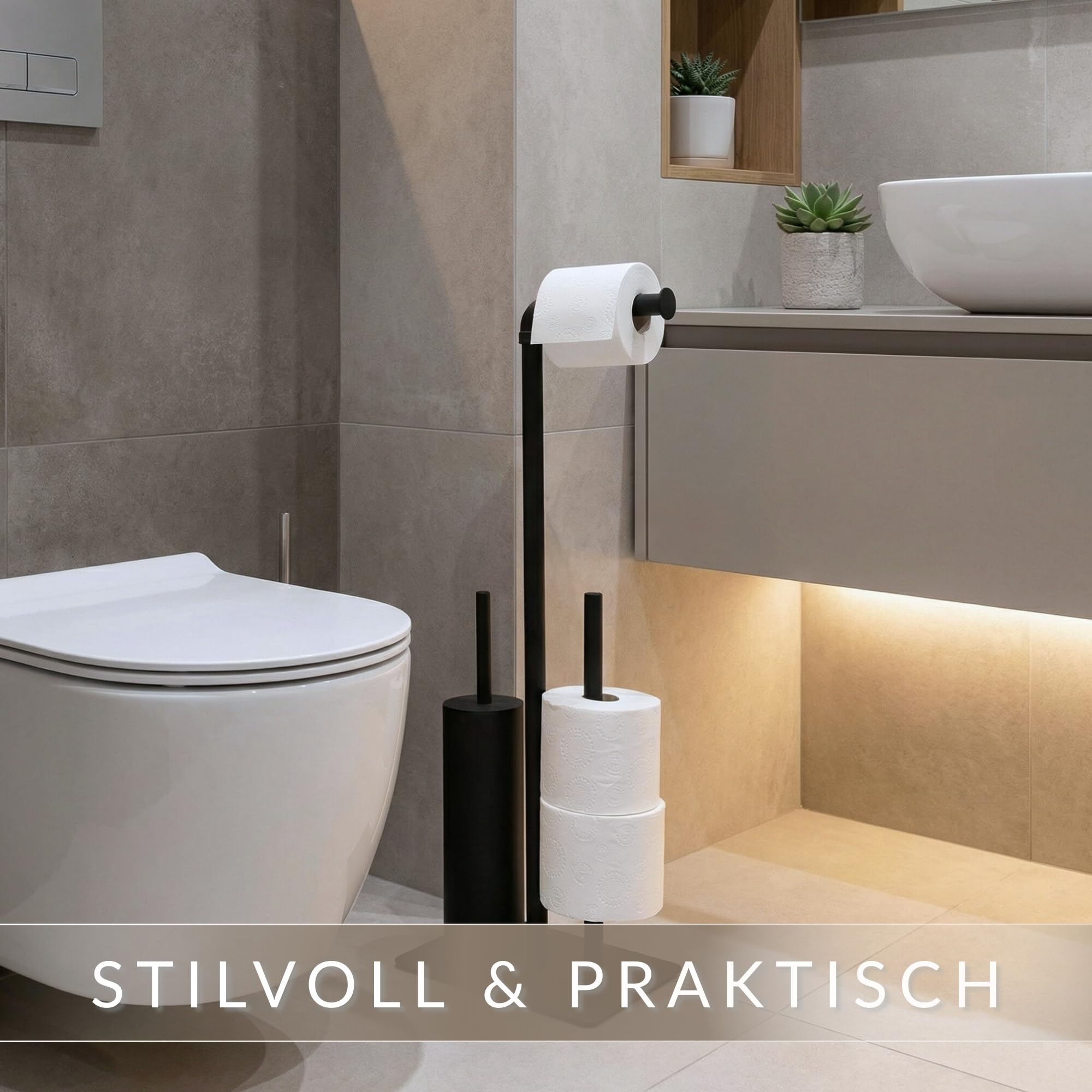 WC-Garnitur Palermo – Toilettenpapierhalter stehend mit geschlossener WC-Bürste – Toilettenbürstenhalter & WC-Rollenhalter aus Metall in modernem Schwarz – Bad-Accessoire