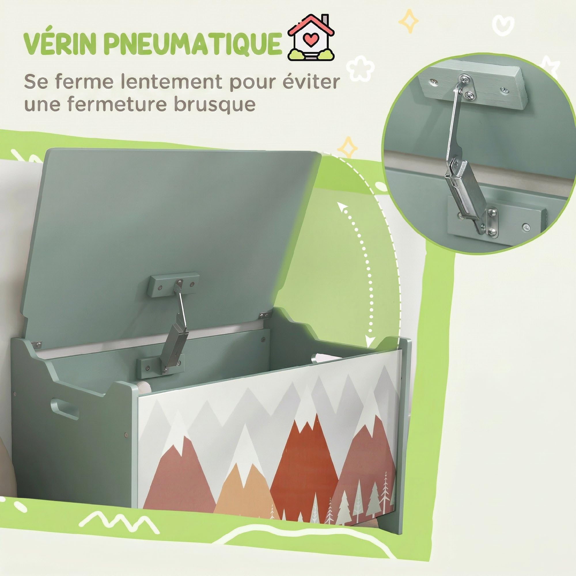 ZONEKIZ Coffre à jouet enfant avec couvercle rabattable, motif de forêt, coffre de rangement enfant, coins arrondis et poignée latérale, rangement jouet pour filles garçons, 60 x 37 x 39 cm, vert
