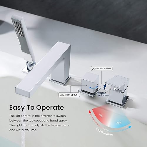 Miniatura 3 de KIBI Cubo Grifo de bañera romana de una sola manija con ducha de mano montado en la cubierta de bañera con desviador (cromado) (KTF3102)