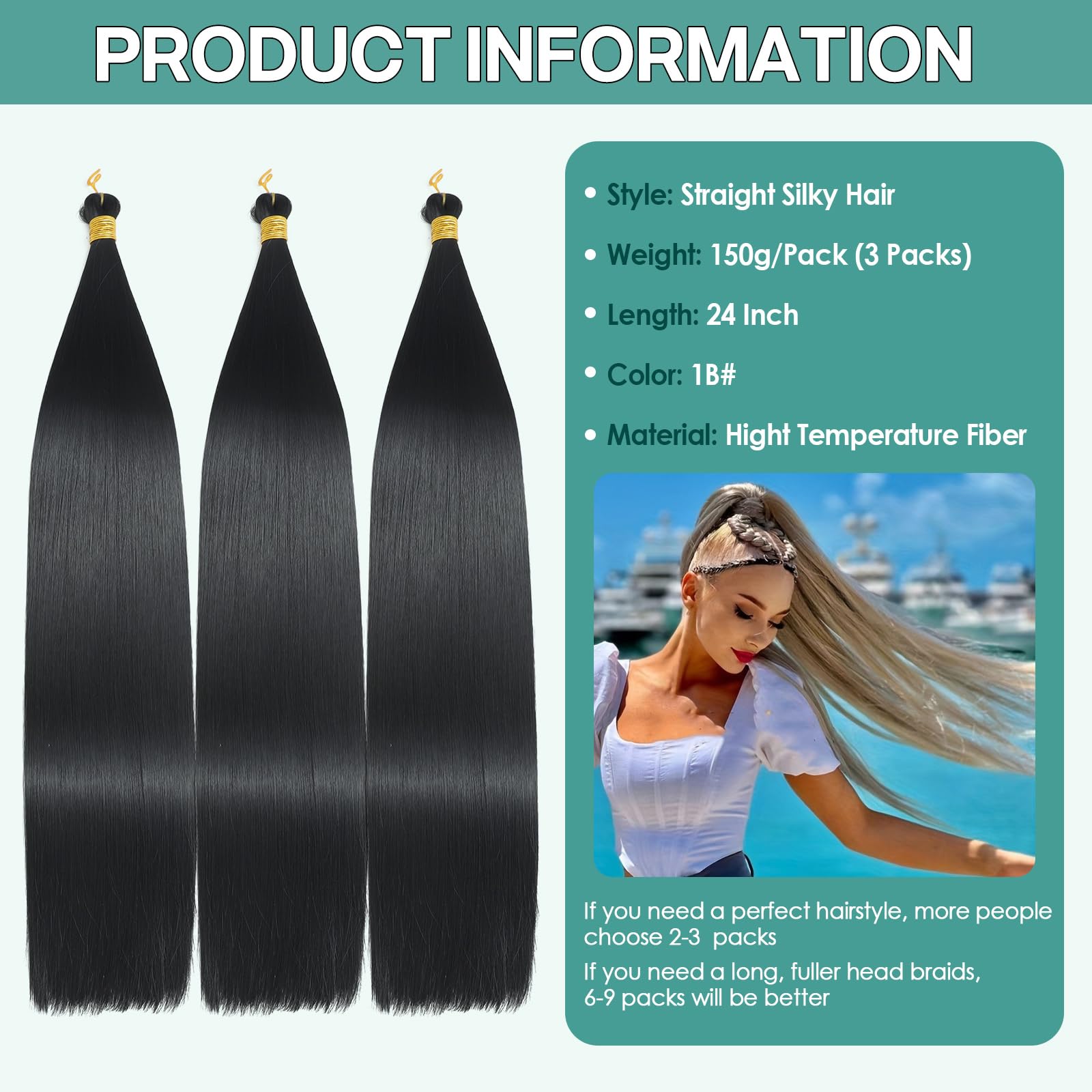 Locescsoc 24 Inch Bone Straight Braiding Hair 150g 3 Packs Straight Hair Extensions, Ariel Straight Hair Bundles - Image 2