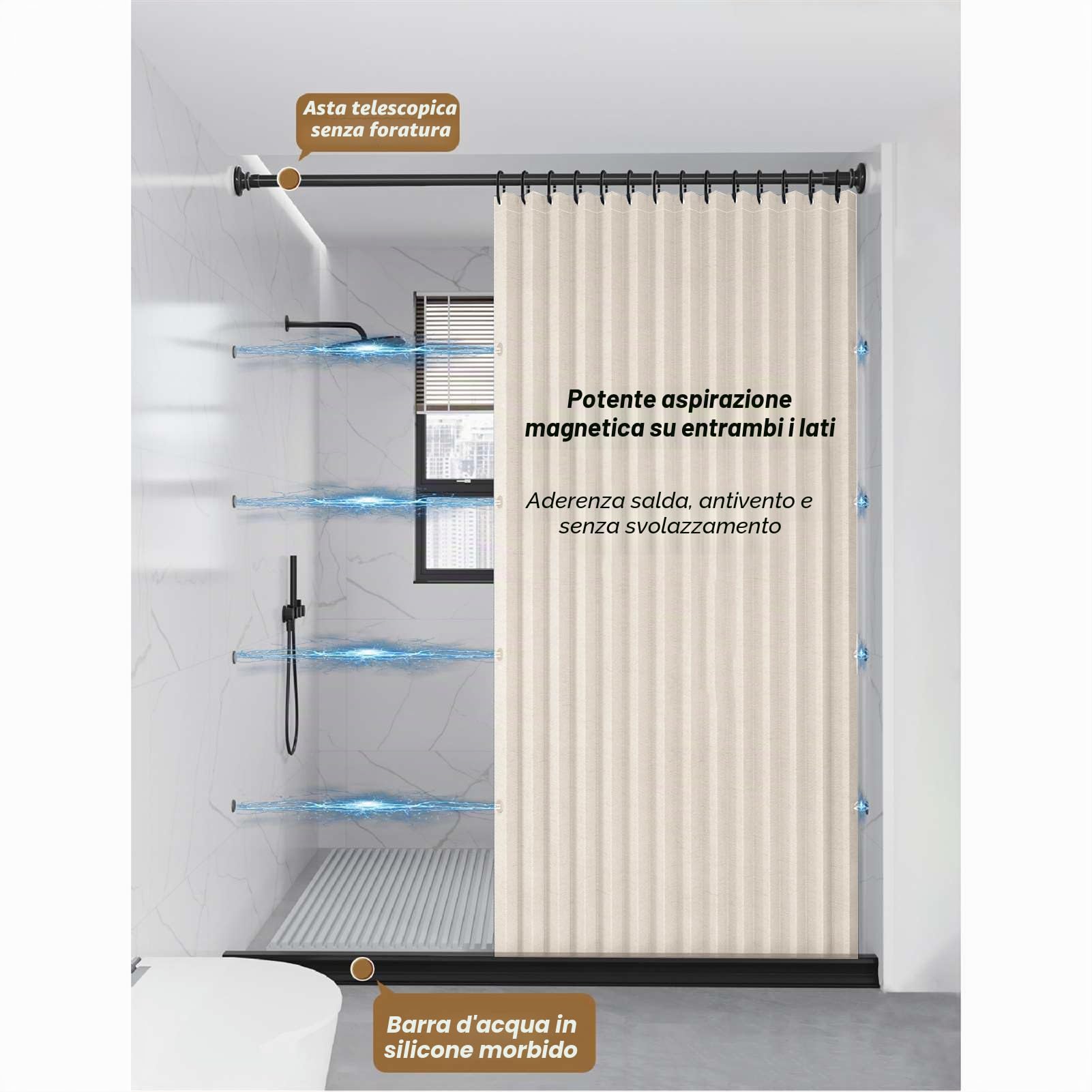 Tenda Doccia Magnetica Pieghevole Resistente, Beige, 180x200cm | Tenda da doccia Antispruzzo Impermeabile Antimuffa in lino con Ganci per il bagno