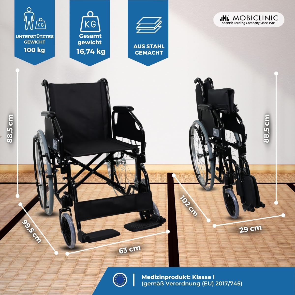 Mobiclinic®, Rollstuhl faltbar leicht, Selbstfahrend, Abnehmbare und gepolsterte armlehnen, Klappbare fußstützen, Catedral, Manuelle bremse, Bordsteinanhebesystem, Pannensichere räder, Robust