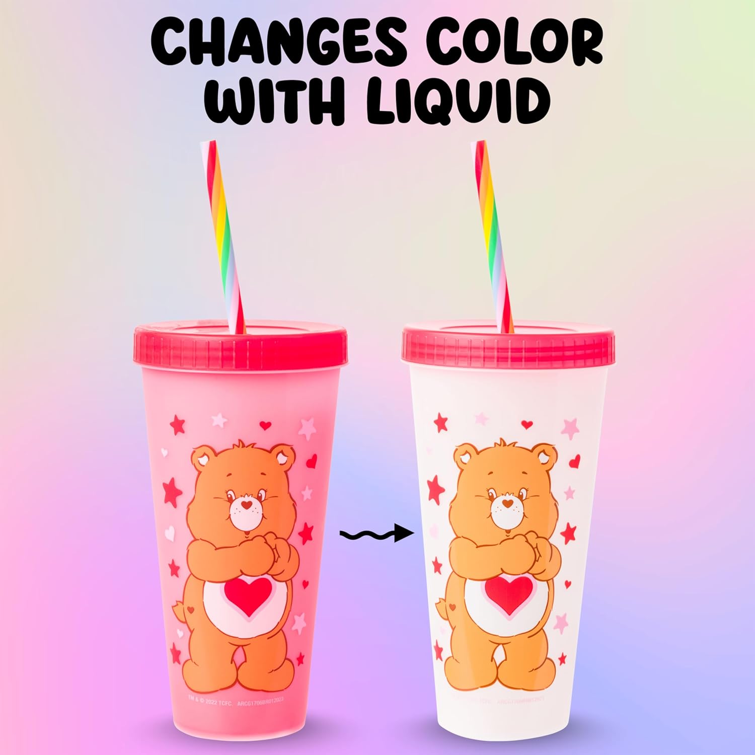 Silver Buffalo Care Bears Hearts and Stars 4 Pack Plastic Color Changing Tumblers with Rainbow Swirl Straws Featuring Tenderheart, Funshine, Cheer, and Grumpy Bear 24 Ounces - Image 9