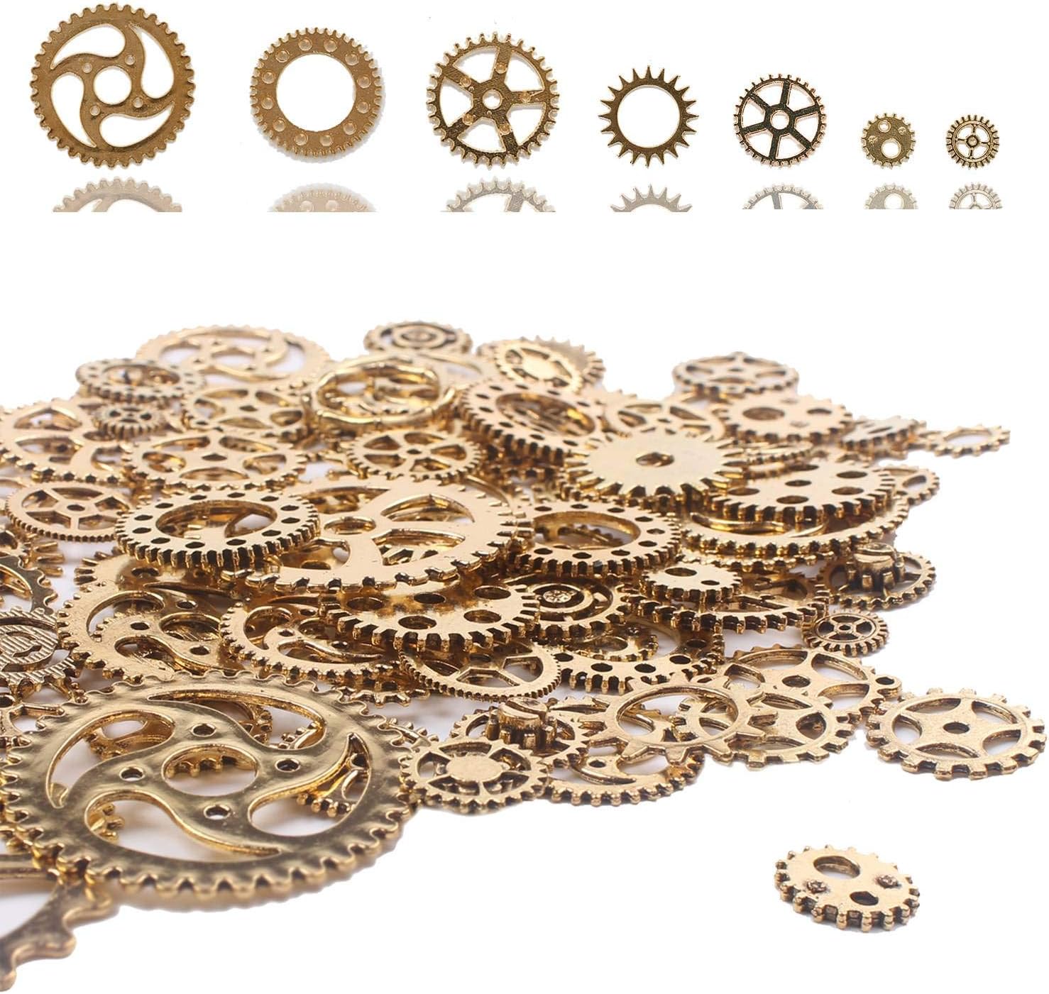 BIHRTC 100 Gram DIY Antique Metal Gold Color Steampunk Gears Charms Pendant Clock Cog Watch Wheel Gear for Crafting Cosplay Halloween Decoration Jewelry Making Accessory Steampunk Accessories