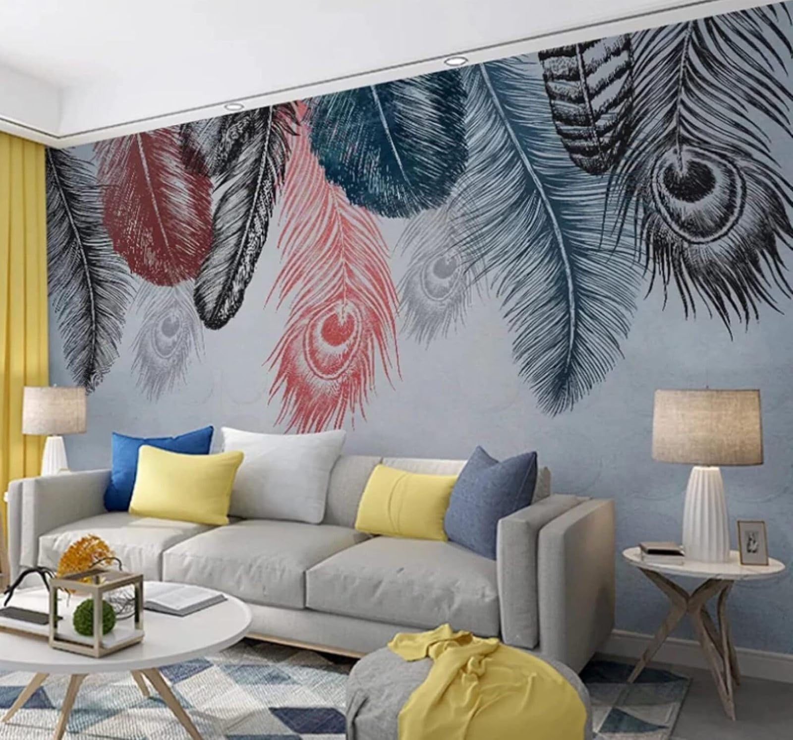 XLMING Minimalist Hand Drawn Colourful Feathers Art 3D Wallpaper Luxury Silk Study Dining Feature Sofa Grey Bedroom Living Room Tv Decorative Wall-250cm×170cm