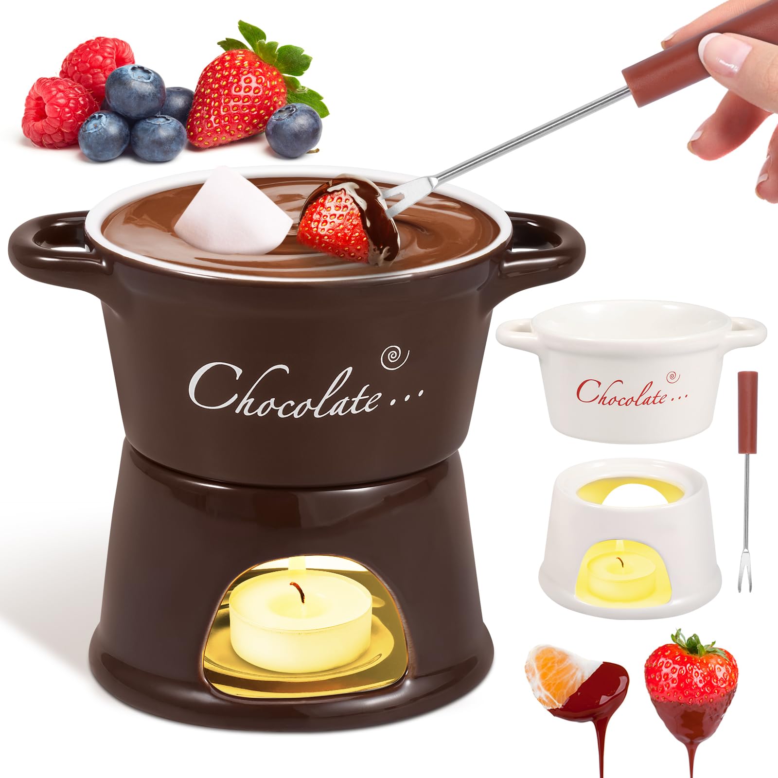 2 Pièces Tasse à Fondue au Chocolat, 300ml Services à Fondue au Chocolat avec Fourchettes- Mug Fondue au Chocolat en Céramique - Tasse Chauffante pour Chocolat et Fromage Bonbons Cadeaux