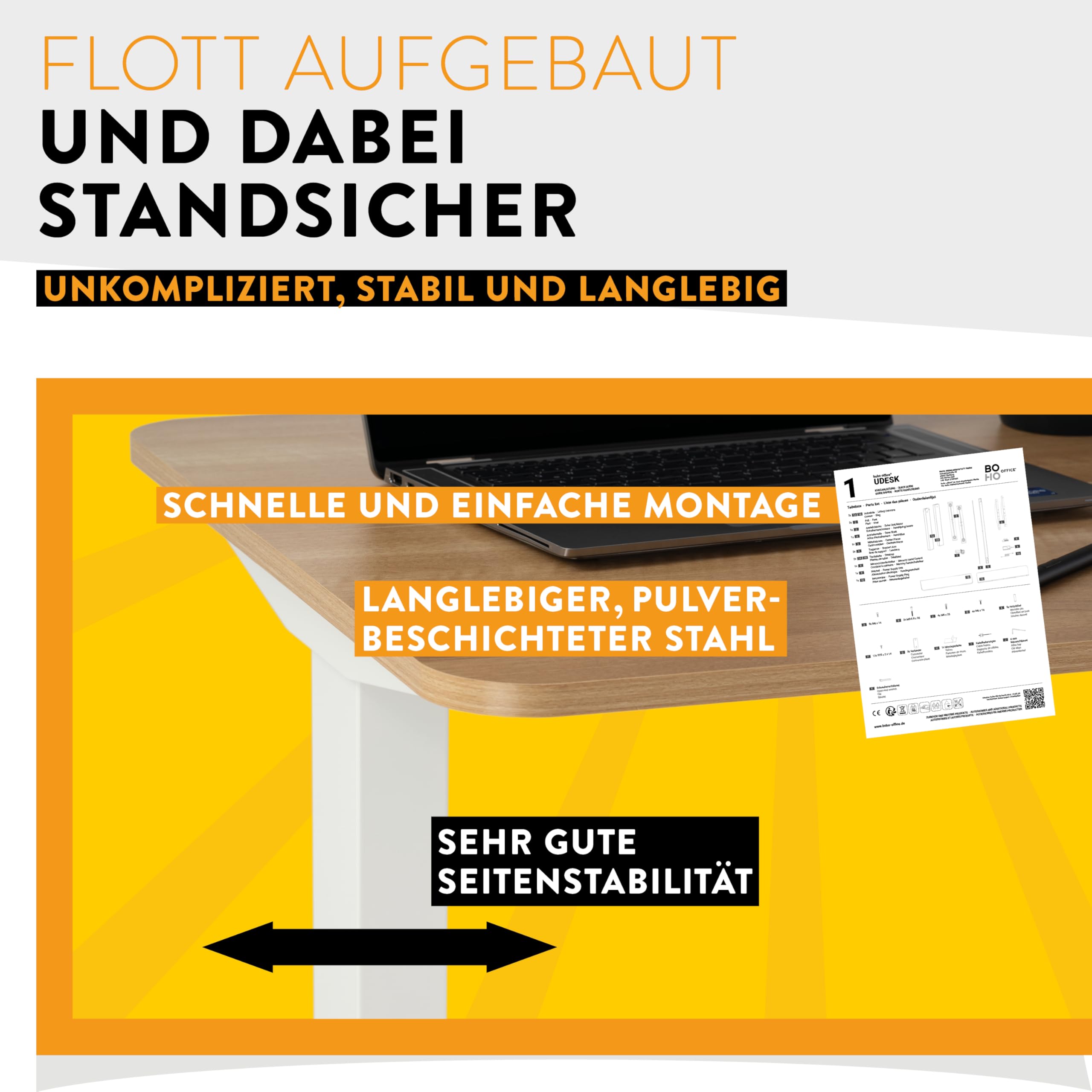 boho office® Elektrisch höhenverstellbarer Schreibtisch - 4 Speicherplätze und FSC-zertifizierter Tischplatte mit abgerundeten Ecken, UDESK Weiß/Schwarz