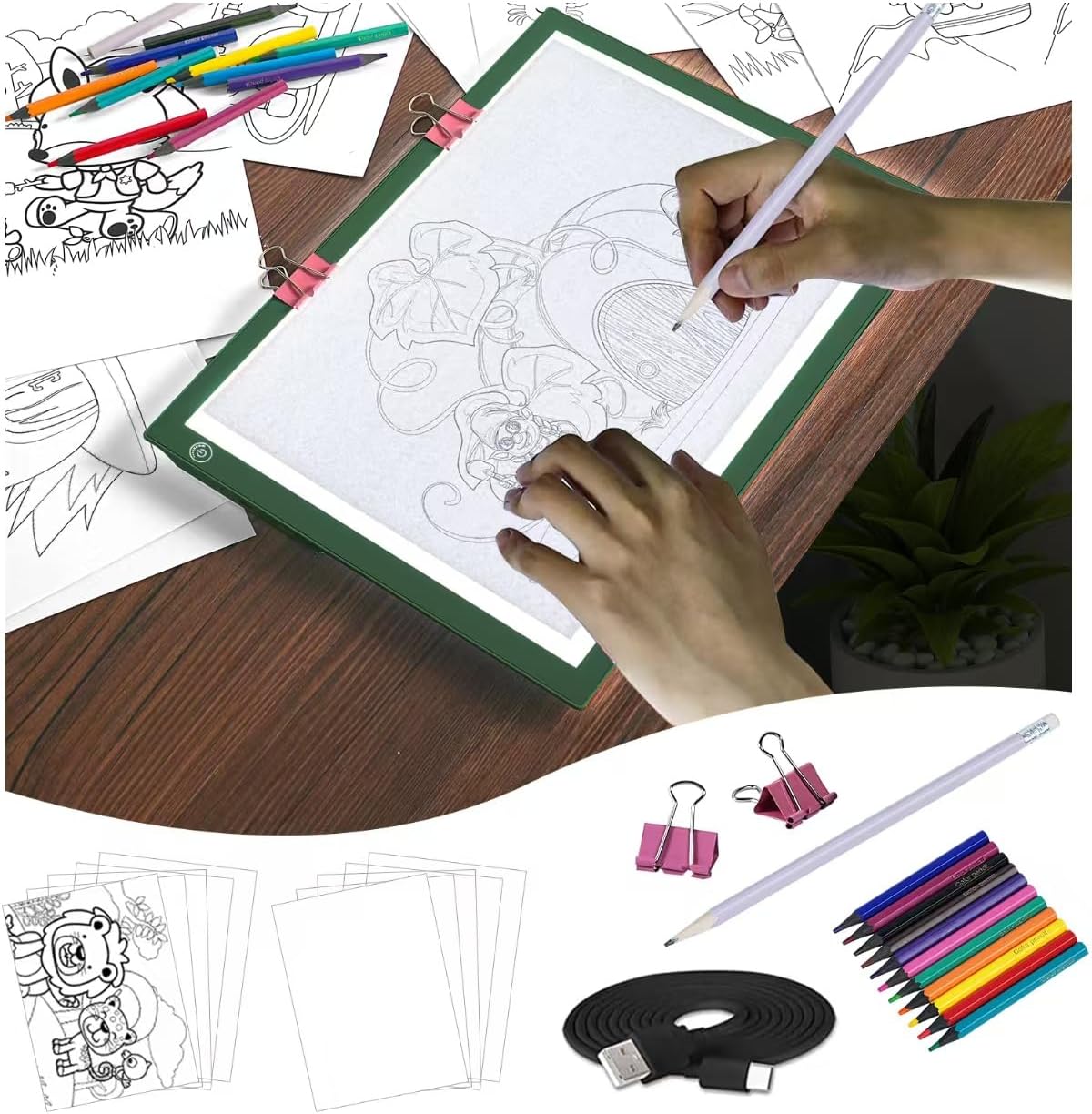 LooEooDoo A4 Rechargeable Tracing Pad Kit, LED Light Tablet Coloring Tracer Arts and Crafts Writing Drawing Board for Weeding Vinyl, Diamond Art, Sketching, Tracing and Animation (Green)