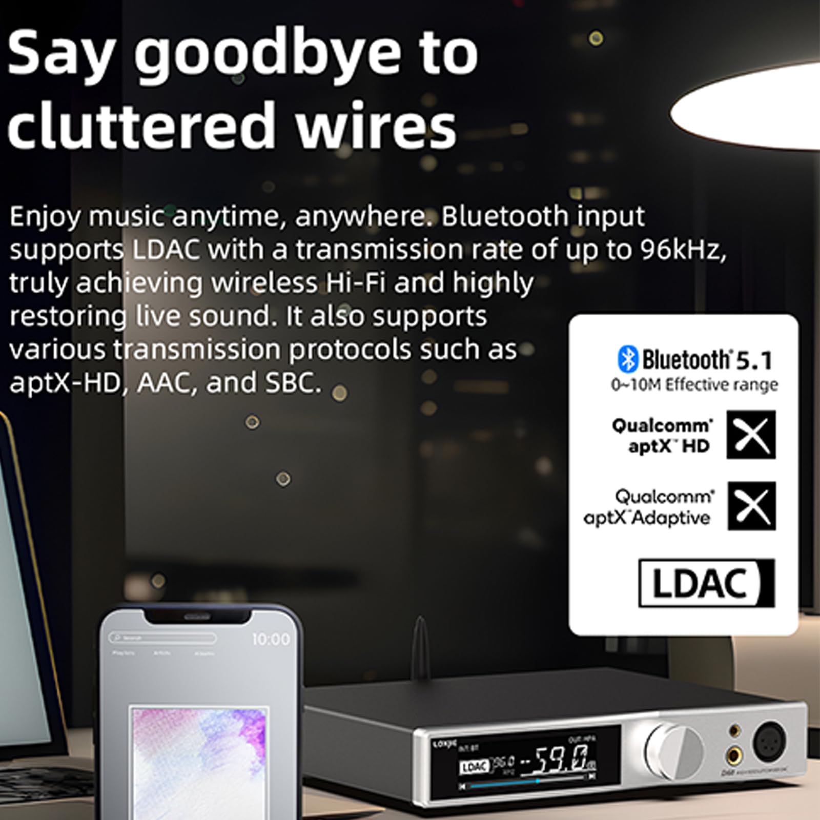 LOXJIE D60 Audio-DAC- und Kopfhörer-Verstärker, voll ausbalanciert, 6000 mWx2, 6,35 mm/4,4 mm/XLR/Cinch-Ausgang, ES9039MSPRO Bluetooth 5.1, 32 Bit, 768 kHz, DSD512 MQA-CD (Silber)
