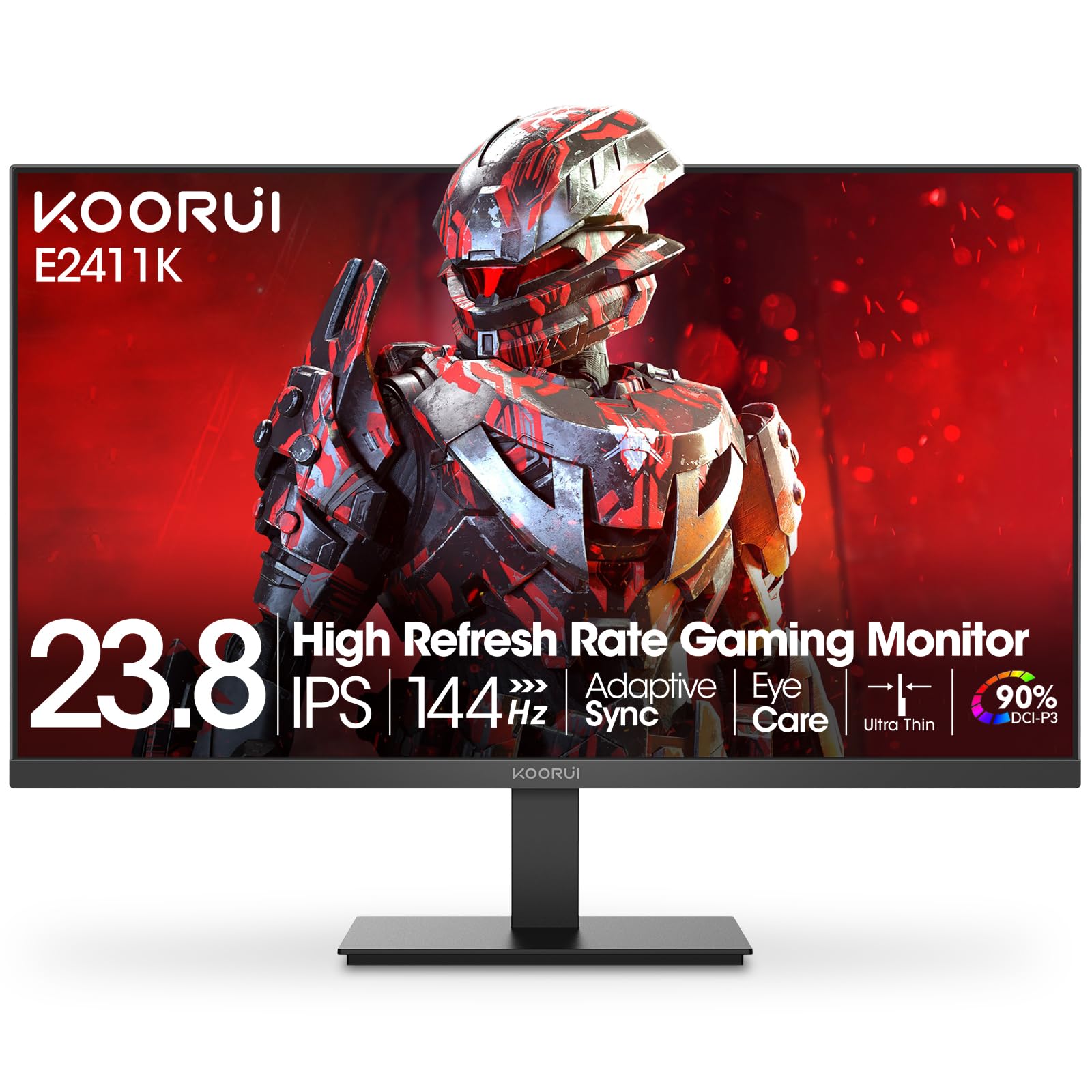 KOORUI24 Inch Gaming Monitor 144Hz Full HD 1920 x 1080p IPS Ultra-Slim Display with HDMI VGA, Adaptive Sync, 99% SRGB, VESA 100x100mm, Eye Care, Tilt, Black, E2411K