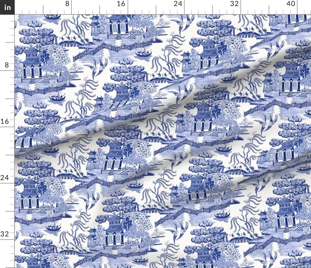 Spoonflower Fabric - Pagoda Chinoiserie Blue Toile Chinese Botanical Garden Willow Printed on Petal Cotton Fabric by The Yard - Sewing Quilting Apparel Crafts Decor