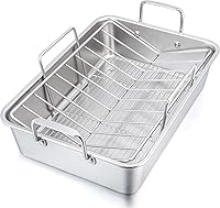 P&P CHEF 16" Stainless Steel Roasting Pan with V-Rack & Baking Rack - 3-Piece Dishwasher Safe Set for Turkey, Chicken, Lasagna