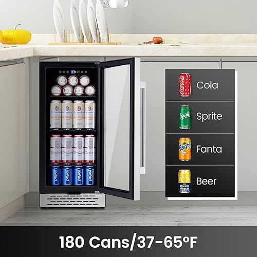 Miniatura 2 de Refrigerador de bebidas de 15 pulgadas debajo de la encimera, refrigerador de bebidas de 130 latas con puerta de vidrio templado y cerradura,