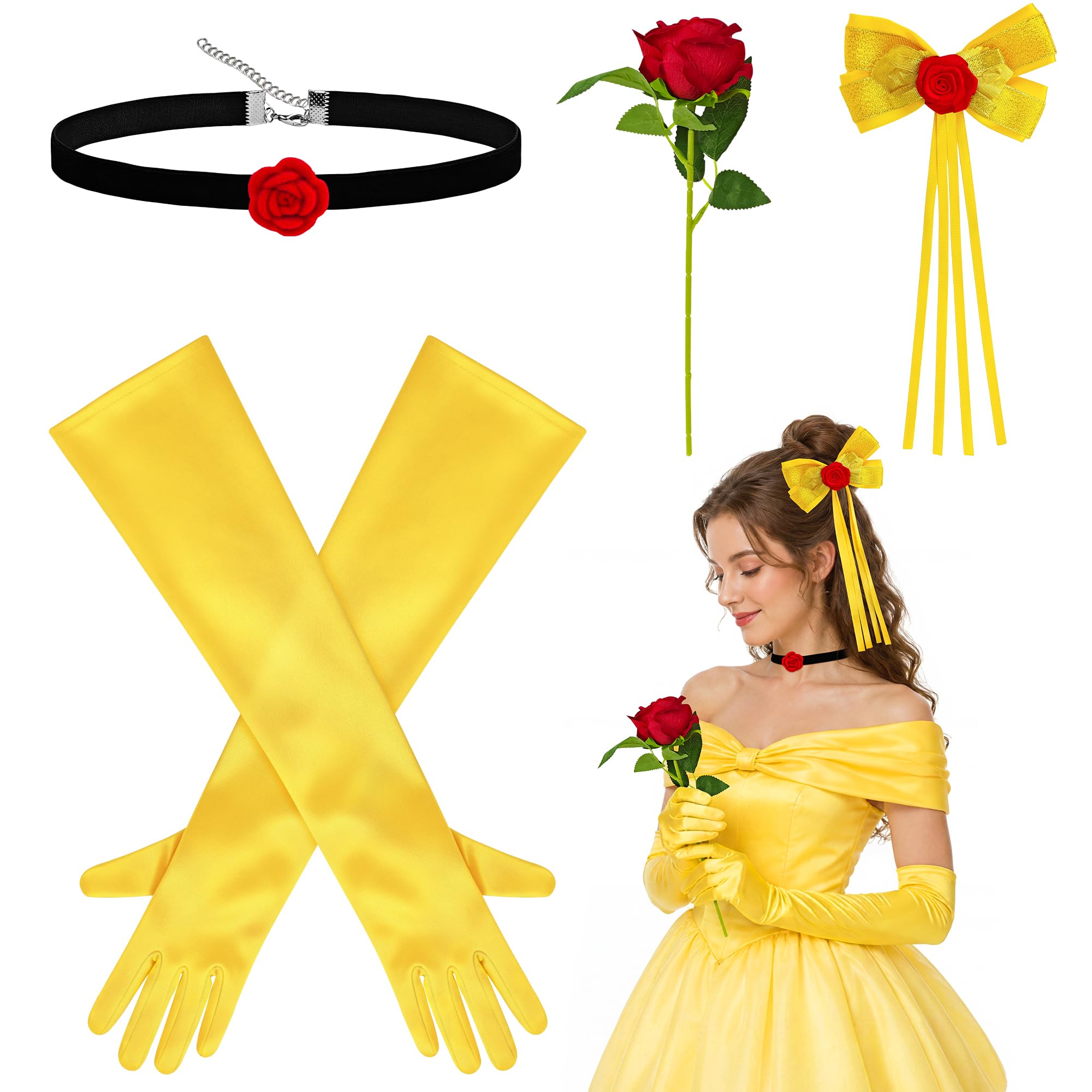 Orgoue Princess Costume Accessories for Women, Princess Accessories Set with Yellow Gloves Choker Hair Clip Red Rose for Halloween Dress up Cosplay Birthday Party