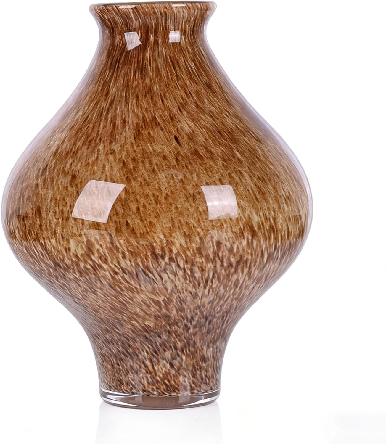 Brown Glass Vase 9.5" Amber Flower Vase, Modern Art Deco Vase with Speckled Swirl, Wide Mouth Decorative Vase for Flowers, Minimalist Table Centerpiece, Glass Vases Home Decor