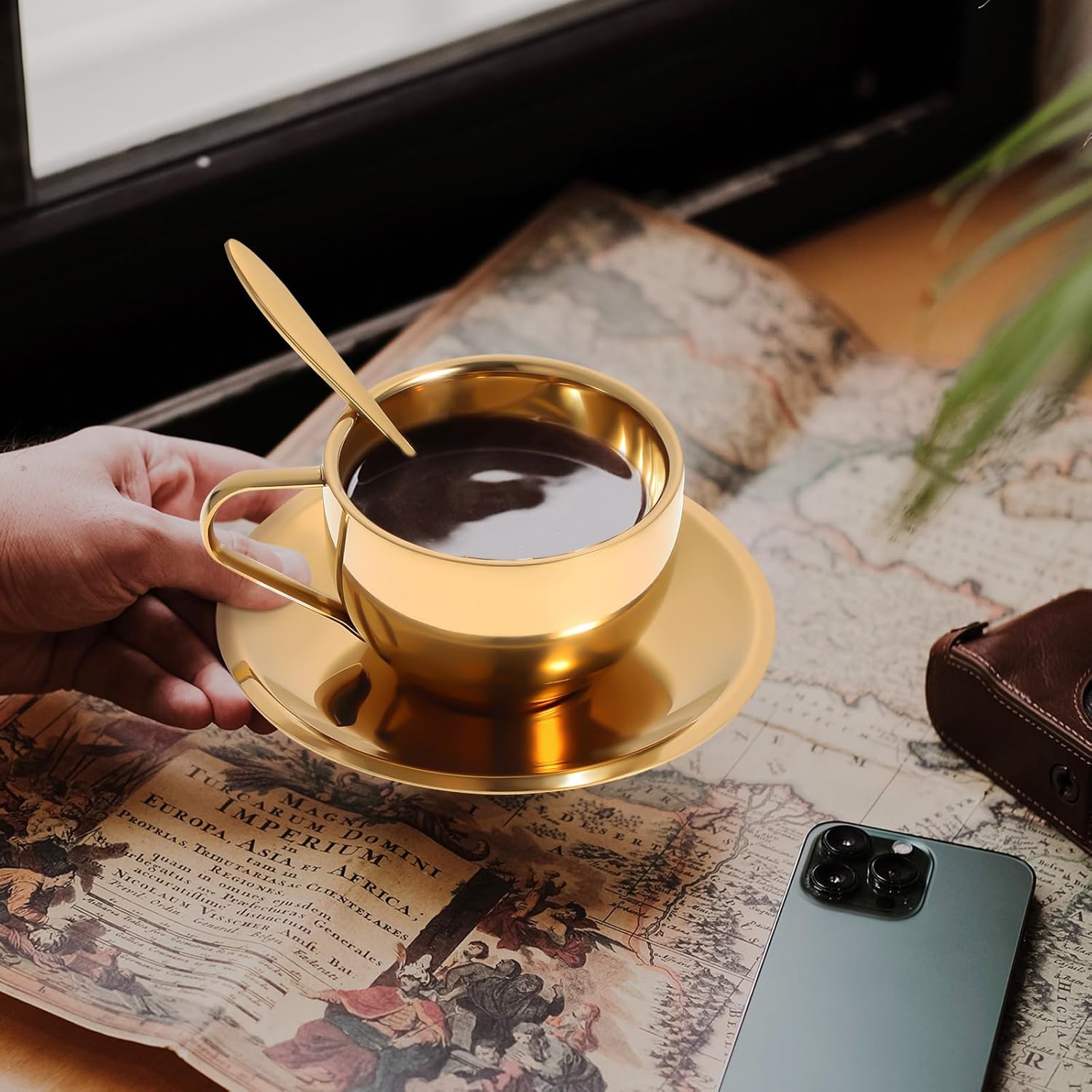 Hemoton Stainless Steel Coffee Cup Set with Saucer and Spoon 2-Piece 4.13X3.14X2.16In European Style Tea Mugs for Home Cafe Party 304 Material