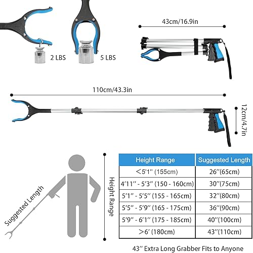 Miniatura 2 de Housolution Herramienta de agarre de alcance, agarradores extra largos de 43 pulgadas para ancianos, agarrador de garras de basura ligero y práctico