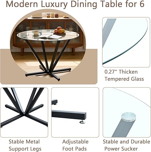 Miniatura 4 de Juego de mesa de comedor de cristal negro de lujo moderno de 45 pulgadas para 6, 7 piezas redondas de vidrio templado para cocina y comedor con Mesa