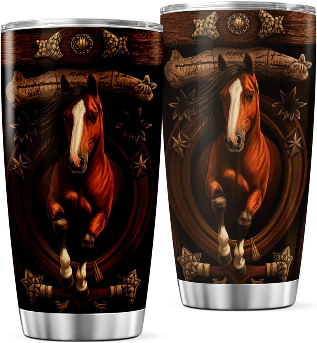 Galloping Horse Western Cowboy Design 20 Oz Tumbler Stainless Steel Cup For Lovers Equestrians And Ranch Style Enthusiasts Cool Hot Coffee Mug Iced Heat Travel