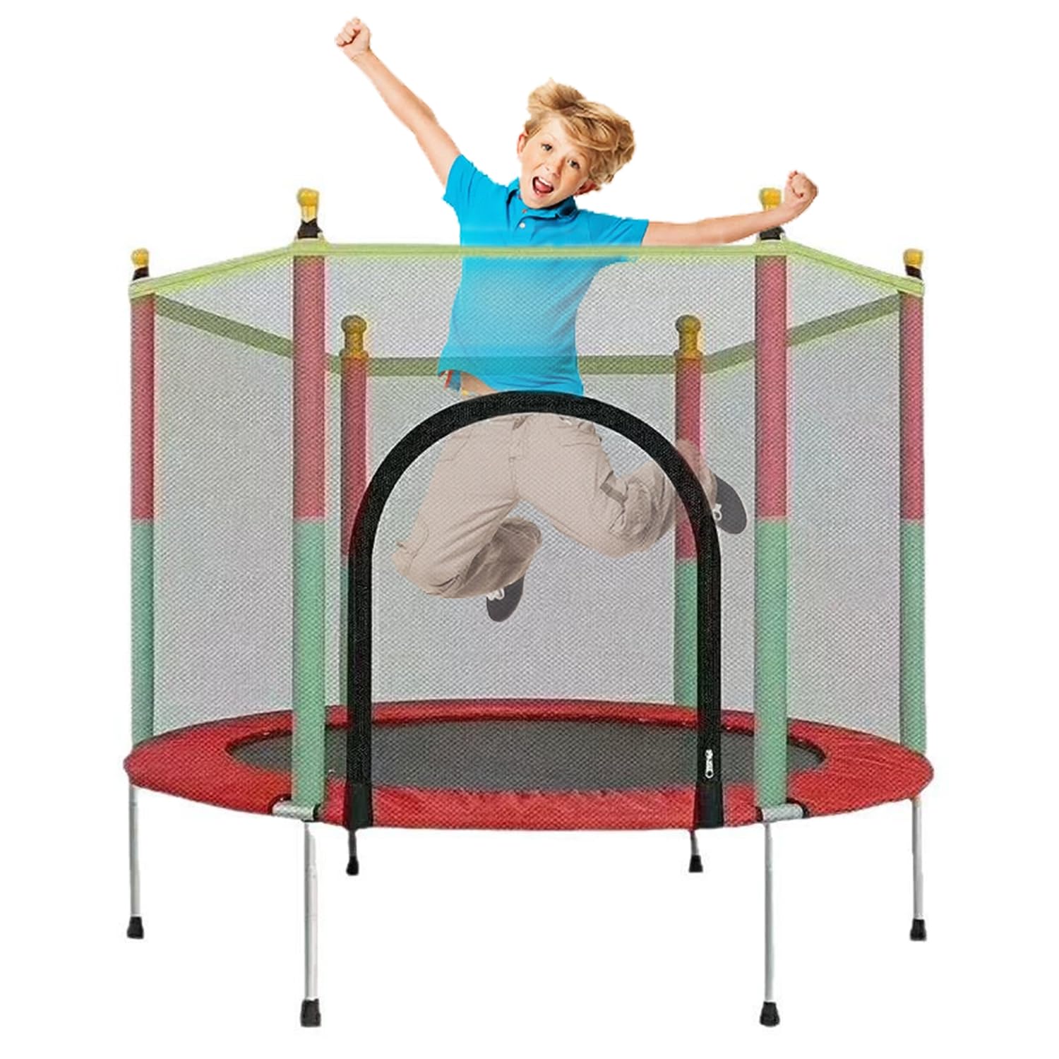 Tappeo elastico per bambini con rimbalzo da 55''/140CM per bambini dai 1 agli 8 anni, per interni ed esterni, con rete di contenimento, coperture in schiuma per i pali