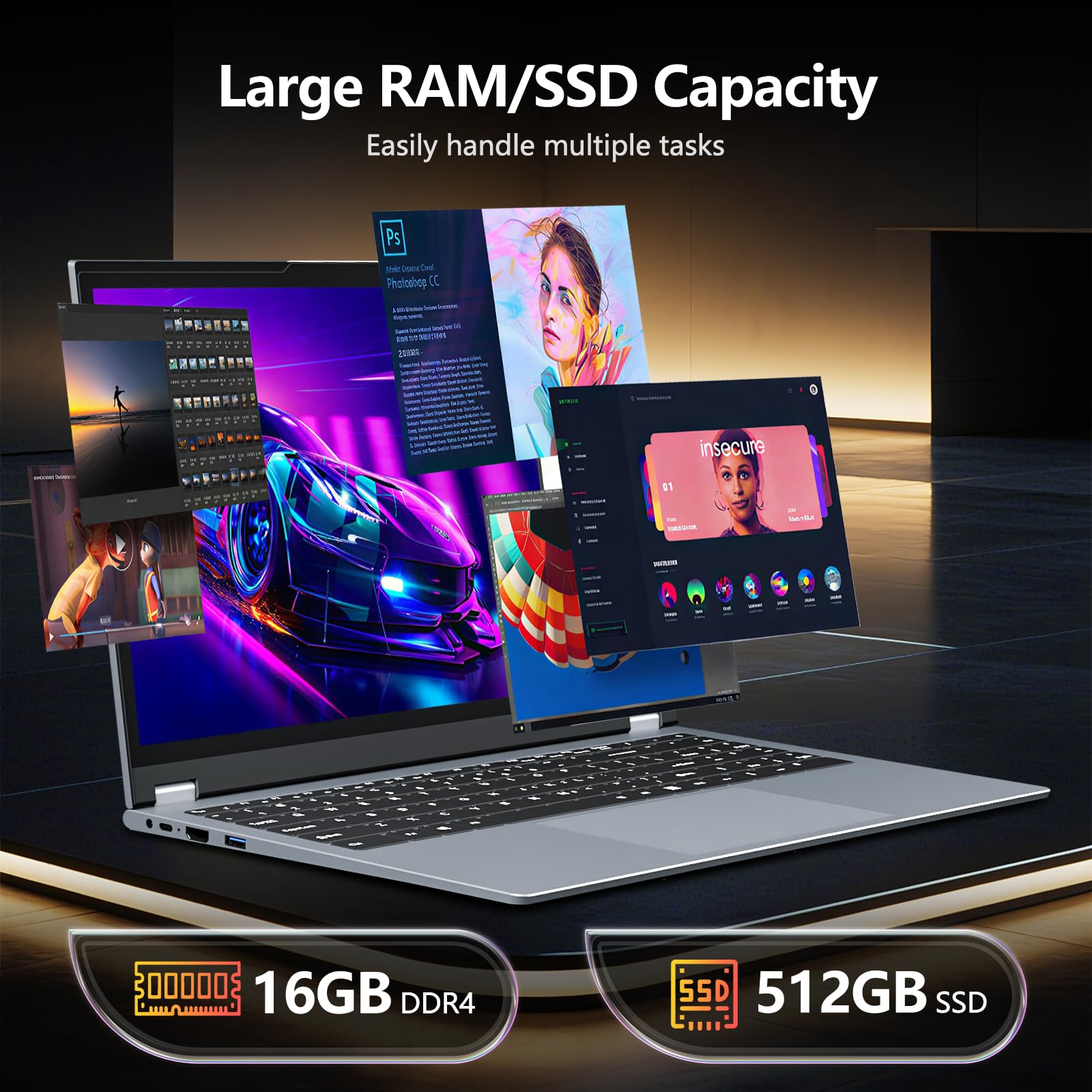 Ordinateur Portable 15,6 Pouces 2-en-1 - PC Portable Win 11, 16Go RAM 512Go SSD, Laptop avec Processeur Ryzen 3 3200U, Écran Tactile IPS FHD 360° Rotation, Graphiques Radeon, Léger avec RJ45 Type-C - 4