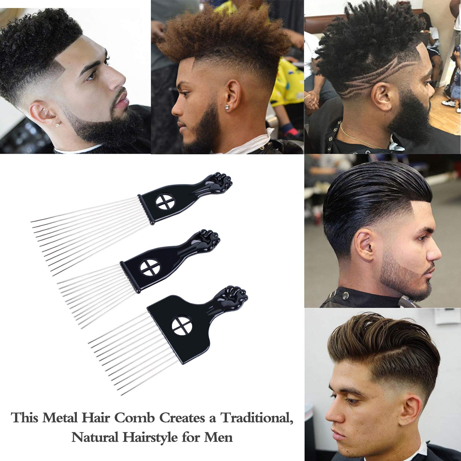 Hair Picks - Black Metal Afro Combs for Hair Styling, Fist Pick for Women and Men