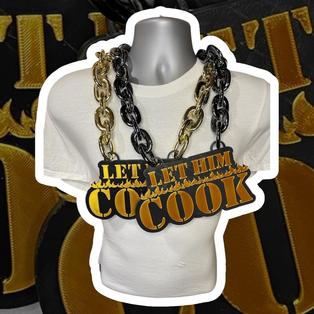 LET HIM COOK Logo Fan Chain, Turnover Chain- Your Logo on Metallic Chain, 6" Sports Team, School, Business, Medal, Trophy, Award, Touchdown, Homerun, MVP, Hype, GOAT, Champion. Baseball, Football, Softball, Cheer, Bachelorette, Bachelor, Bride, Groom, Grad, Graduation... Bulk Ordering Available!