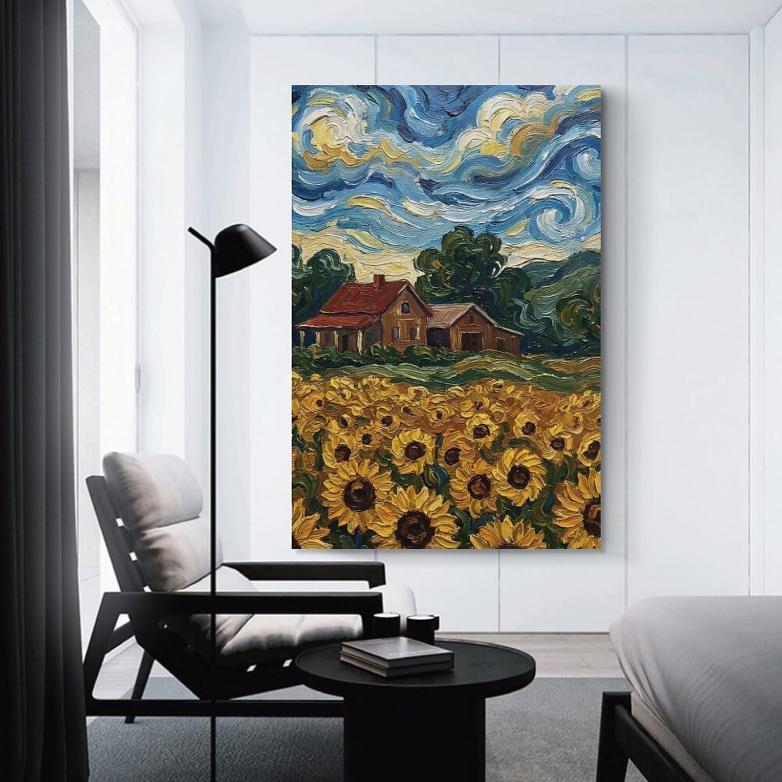 Junmoney Sunflower Field with House Painting Wall Picture Print, 16x24inch(40x60cm), for New Home Styling, Lounge Or Bedroom, Home Artwork for Modern Interiors