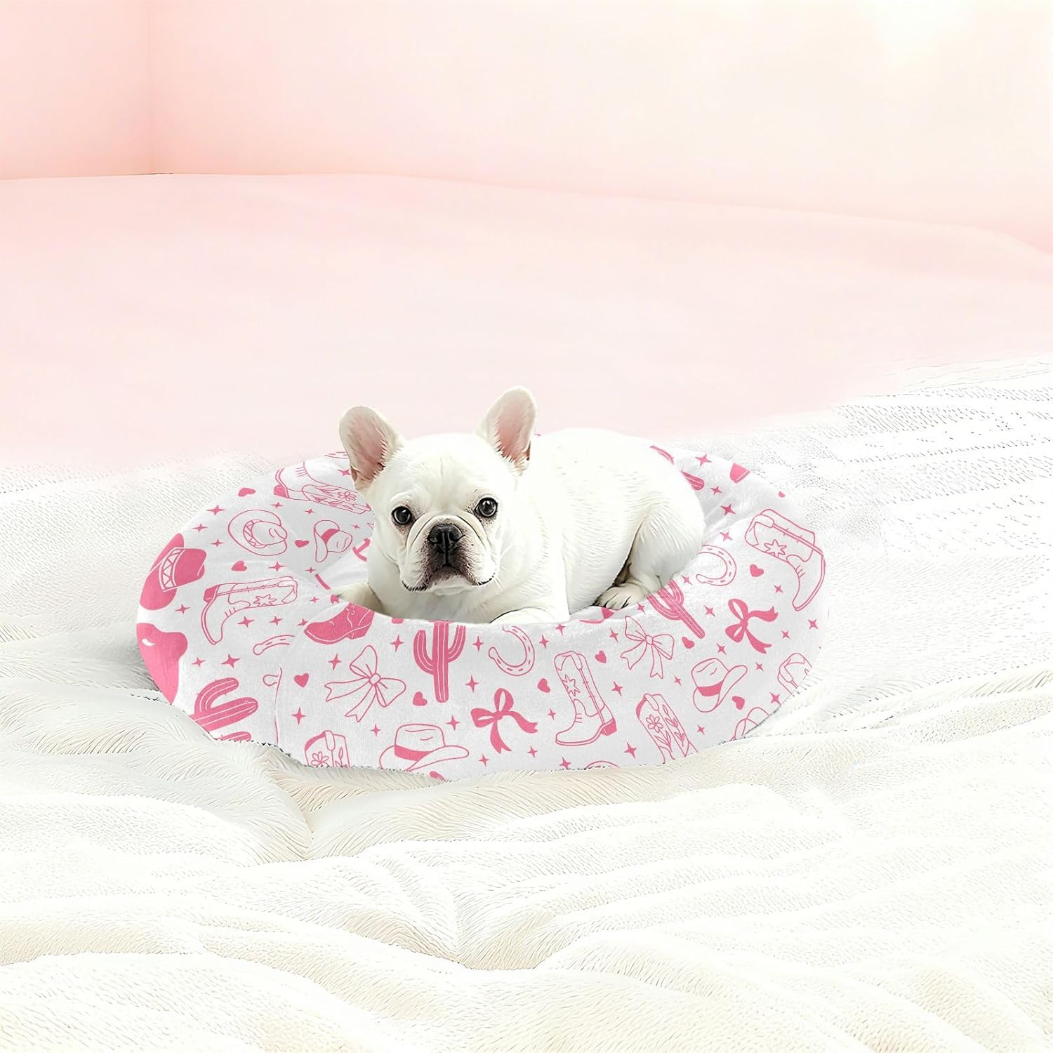 Western Cowgirl Pink White Pattern Dog Bed Donut Small Dog Beds Washable Cat Pet Bed Cozy Puppy Beds for Small Medium Dogs Cats Indoor,M