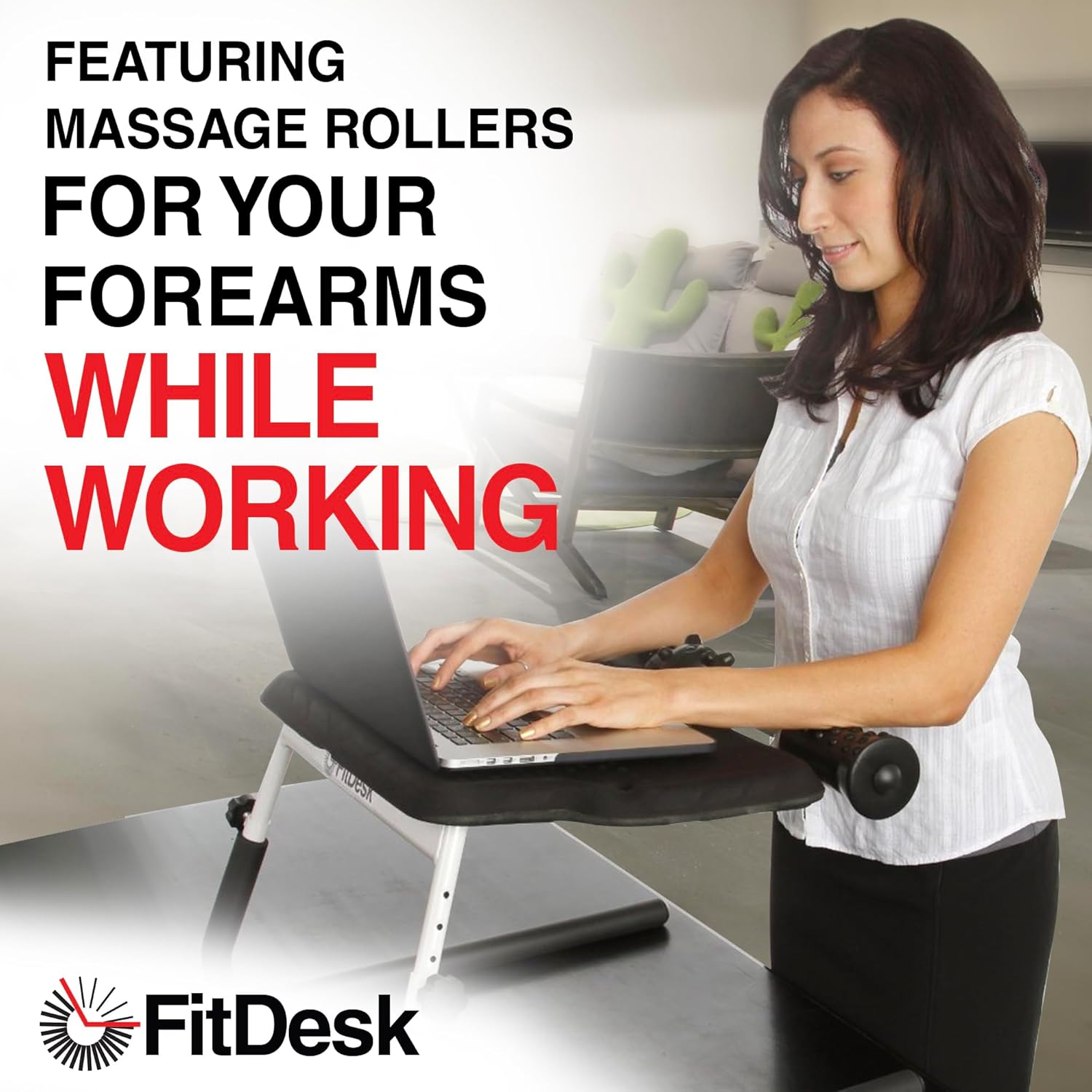 FitDesk Portable Standing Desk Converter with Massage Rollers & Forearm Supports, Adjustable Height Workstation 11" to 20", Ergonomic Stand-Up Desk with Non-Scratch Grip Legs, White