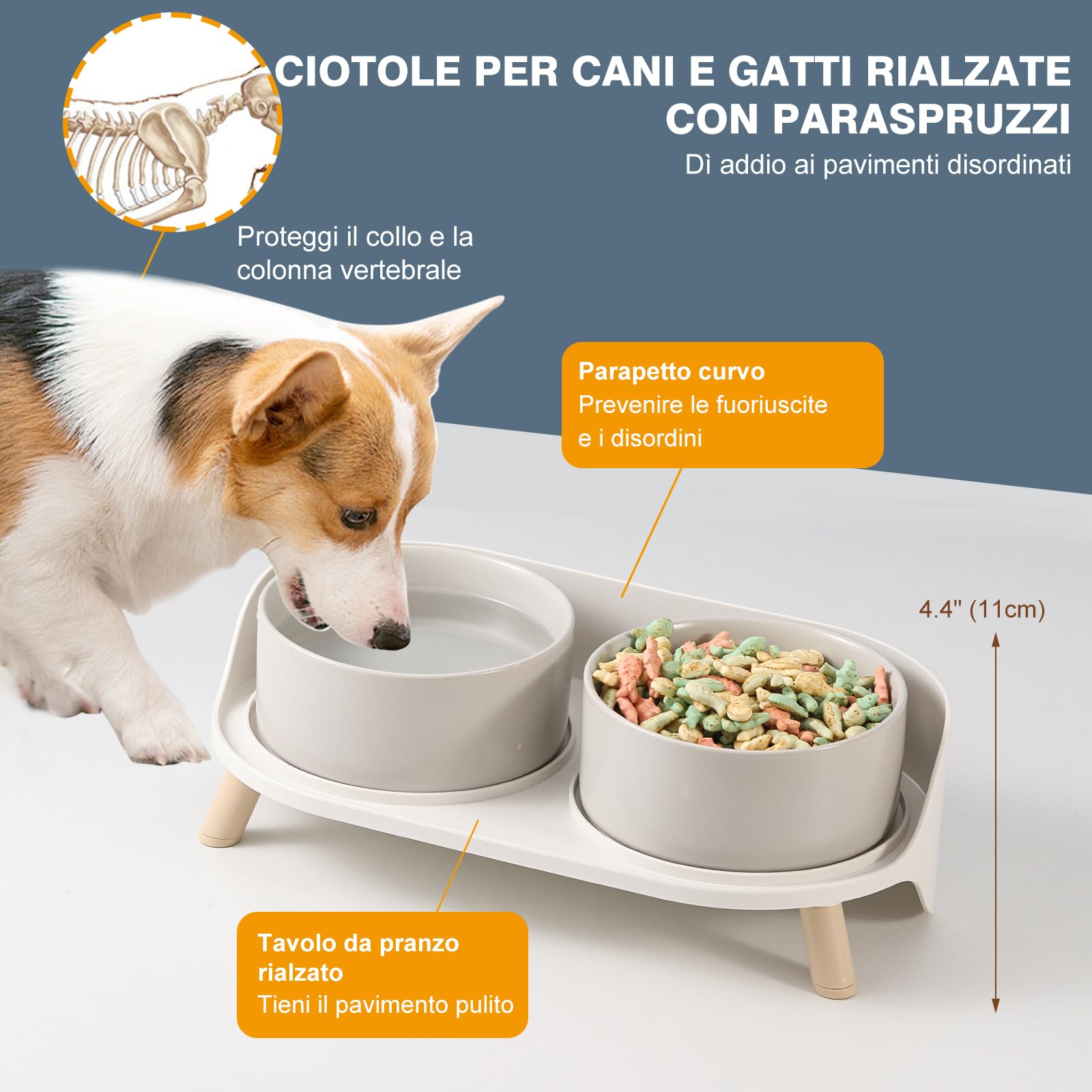 Ciotole Rialzate per Cani in Ceramica - Set Doppio con Supporto Antischizzo e Base Antiscivolo - Ciotole per Cibo e Acqua per Cani Piccoli e Medi e Gatti Grandi - 2 x 720 ml - Grigio