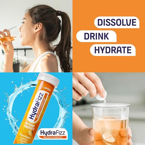 UPSA Hydrafizz Boost Electrolyte Tablets Orange 16 Effervescent Tablets | Electrolytes, Caffeine, Guarana, Zinc, Vitamins C & B3, Energy & Hydration Support, Orange Flavour