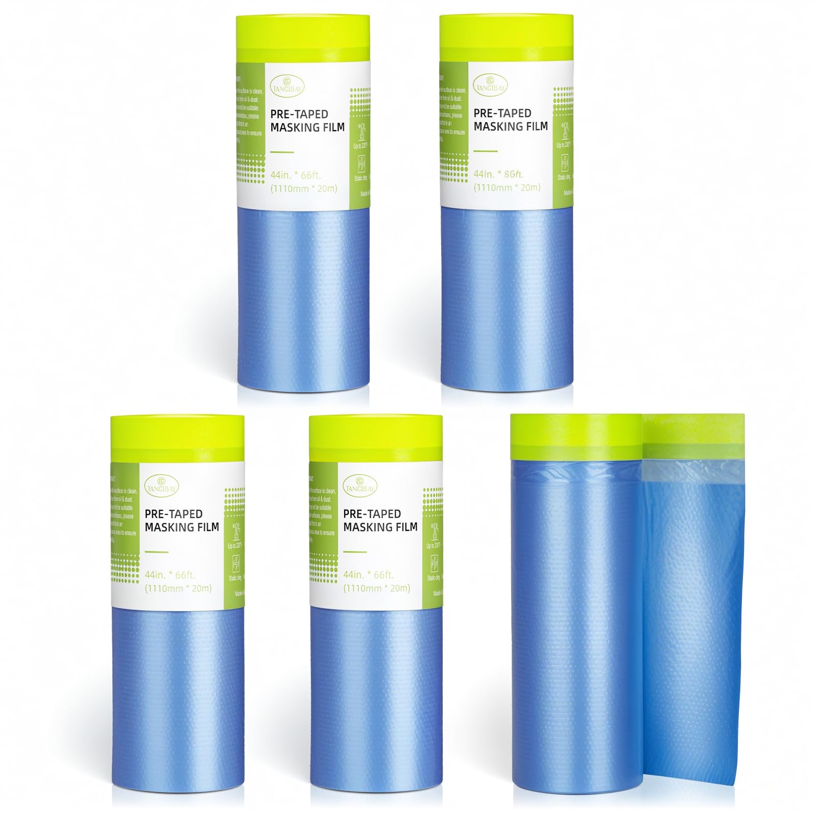 Tangibay Pre-Taped Masking Film for Painting - 44" x 66' Painters Plastic Sheeting with Automotive Paint Tape and Drape for Covering Cars, Walls,