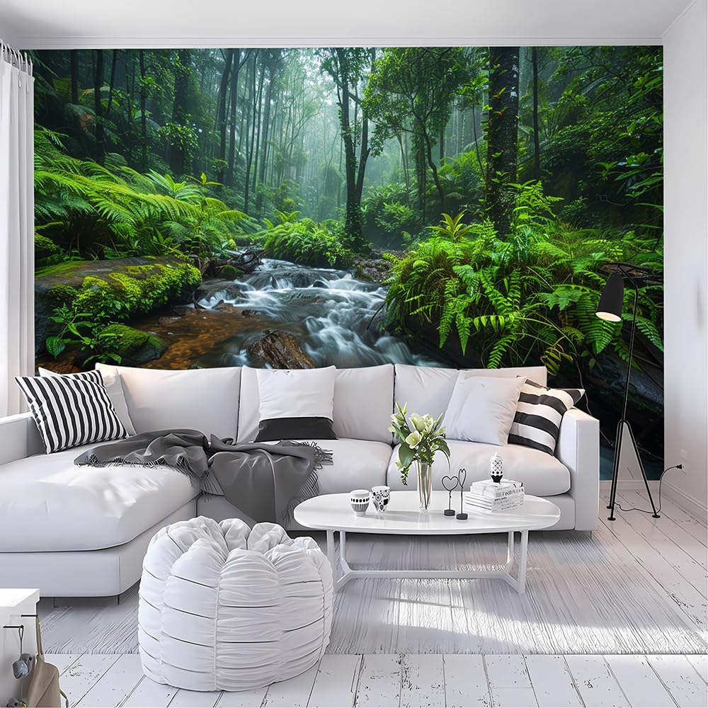 Custom Size Wall Murals - Sunny Forest, Stream Tropical Plants, Tropical Plant Wallpaper - Self-Adhesive Removable Peel and Stick Wallpaper for Bathroom
