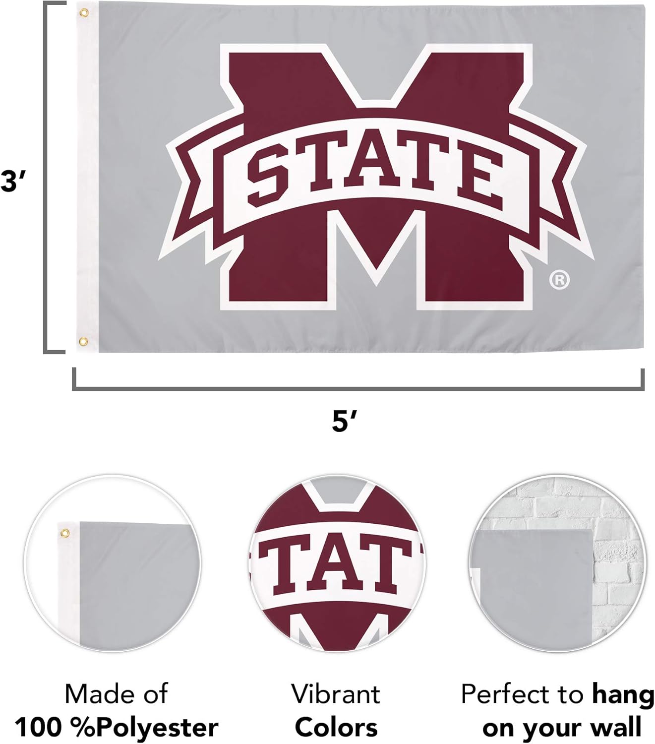 Desert Cactus Mississippi State University MSU Flag - 3 x 5 Feet Bulldogs Banner, Indoor/Outdoor Durable Fabric, 100% Polyester Design (Style 2) - Image 2