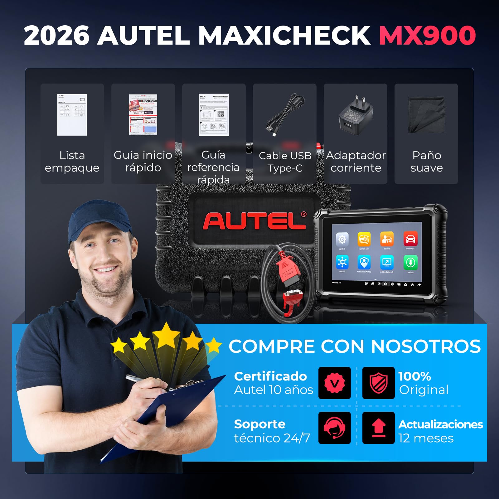 Autel MaxiCheck MX900 Maquina Diagnóstico, Como MaxiCOM MK900-BT Herramienta Escáner OBD2, Avanzado MK808BT MK808S MX808S Diagnosis Coche Multimarca, 3K+ Pruebas Activas, DoIP&CANFD, 40+ Servicio,OS11