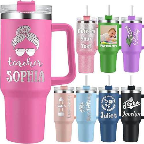 Vaso personalizado para profesores con asa y nombres, 40 onzas, texto grabado, logotipo, tazas de viaje personalizadas de acero inoxidable con tapa,
