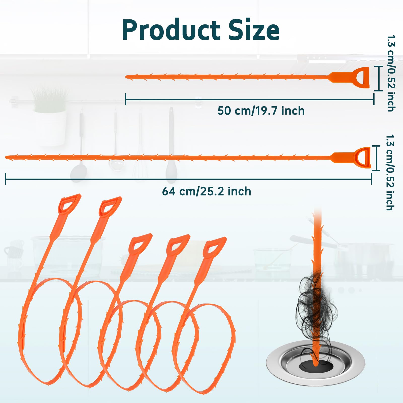 5Pcs Plastic Drain Snake, 64cm Sewer Hair Remover, 50cm Bend Snake Clog Unblocker, Multi-Tooth Auger Cleaner Tool - Image 2