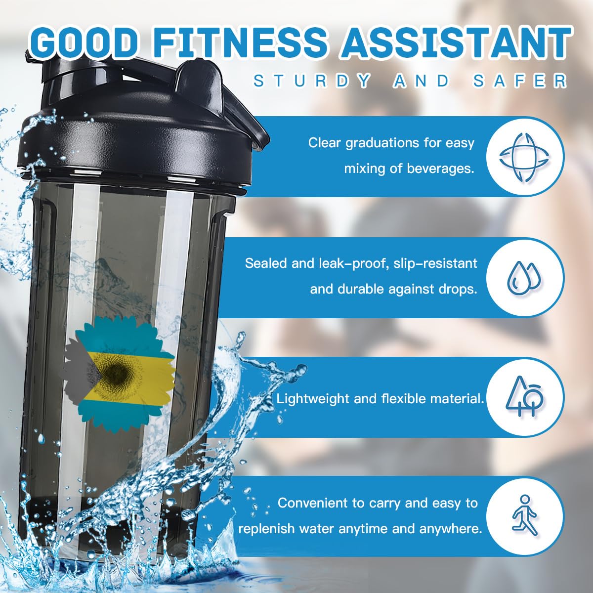 Flower Bahamas Flag 18 Ounce Shaker Bottle Drink Mixer Leak-proof Pre Workout Protein Shakes Meal Replacement Shakes Bottles 500ML/18 Oz Black