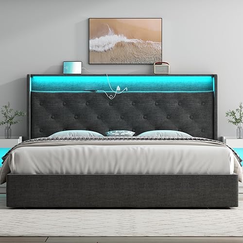 Miniatura 36 de Loomie Base de cama King con estación de carga y luces LED, cama tapizada con cabecera de almacenamiento copetuda con botones, almacenamiento Gris