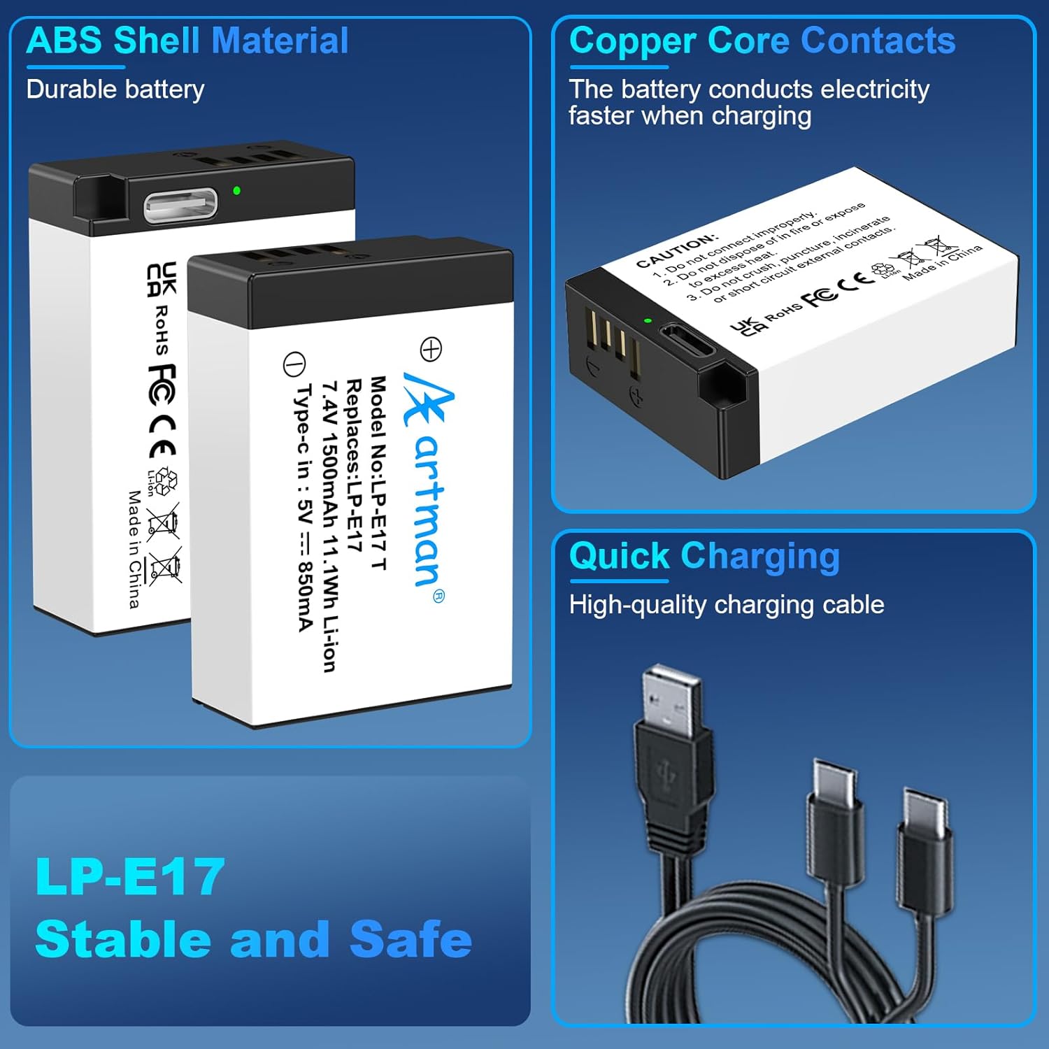 Artman LP-E17 Battery 2-Pack Upgraded 1500mAh with Type-C Direct Charging Port for Canon EOS R100 R50 R10 R8 RP, Rebel T8i T7i T6i T6s, SL2 SL3 EOS M3 M5 M6, 77D 200D 250D 750D 760D 800D 8000D Camera