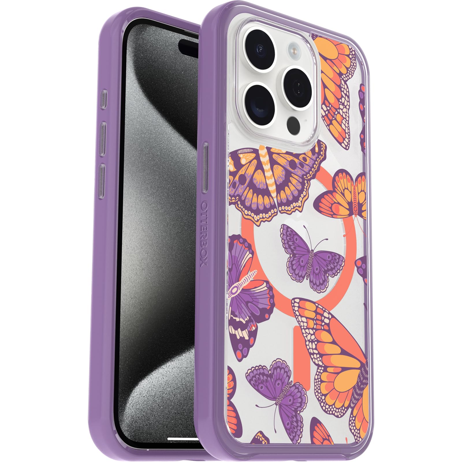 OtterBox Cover per Apple iPhone 15 Pro Symmetry Clear MagSafe, resistente a shock e cadute fino; sottile, testata 3x norme MIL-STD 810G, Butterfly Flutter