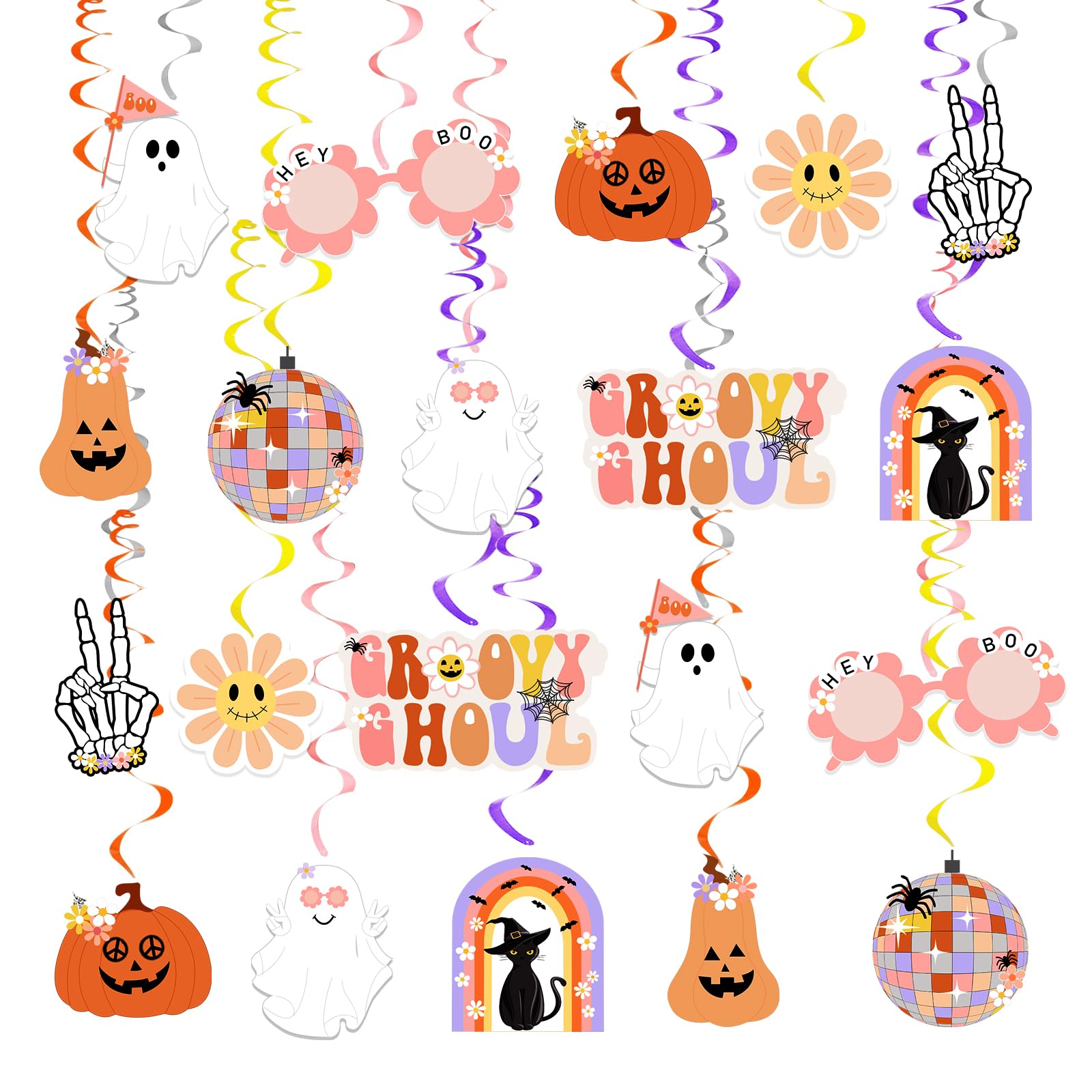 20PCS Groovy Halloween Decorations, Hippie Halloween Hanging Swirls Groovy Spooky Whirls Hanging Streamers Decor for Happy Boo Day Birthday Baby