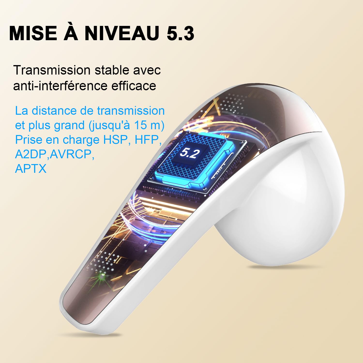 BESNOOW Ecouteurs Bluetooth sans Fil, Écouteurs Bluetooth 5.3 Oreillette Bluetooth Basses Immersives avec 4 ENC Mic, Casque Bluetooth sans Fil 40H avec Écran LED, Or Blanc