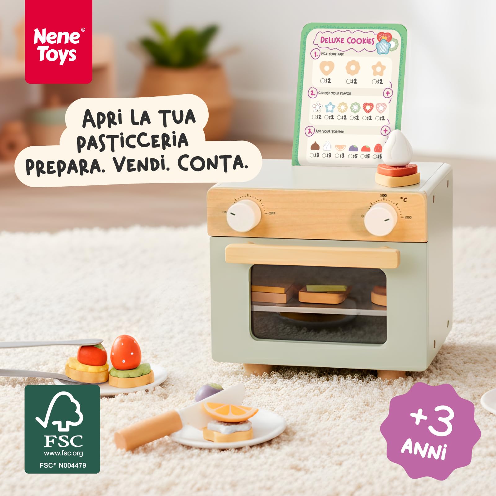 Nene Toys Pasticceria di Biscotti in Legno per Bambini 3+ Anni – Set Completo con Mini Forno, Menù & Soldi Finti – Gioco di Ruolo Educativo & Primi Calcoli – Regalo 3–6 Anni