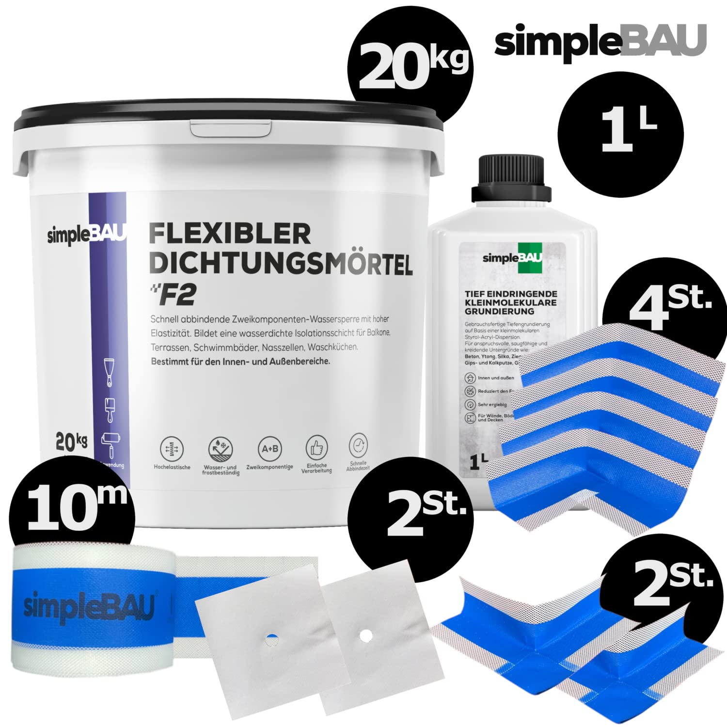 Dichtungsmasse 20kg Set 4 Innenecken 2 Außenecken 2 Manschetten