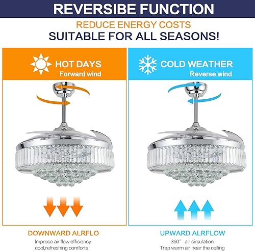 Miniatura 4 de DuMaiWay Ventilador de techo regulable de 52 pulgadas con luces, candelabro, ventilador de techo retráctil de cristal con control remoto, luz LED